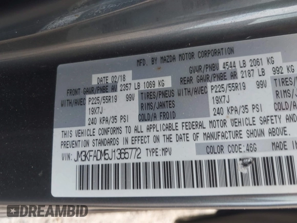 2018 Mazda CX-5 Grand Touring z VIN JM3KFADM5J1365772, wystawiony jako IAAI lot #42251805 z przebiegiem 44 599 mil mil oraz . Historia ofert i sprzedaży dostępna na DreamBid. Obrazek 9.