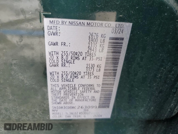2024 Nissan Pathfinder SL z VIN 5N1DR3CD0RC263099, wystawiony jako Copart lot #57290925 z przebiegiem 25 113 mil mil oraz Szkoda całkowita • Salvage title. Historia ofert i sprzedaży dostępna na DreamBid. Obrazek 14.