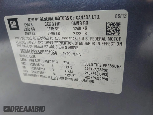 2013 Chevrolet Equinox LT with VIN 2GNALDEK5D6401934, listed as a IAAI auction lot 42101670 with 120,080 mi miles. Bid and sale history available at carsss.com. Image 9.