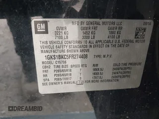 2015 GMC Yukon SLT with VIN 1GKS1BKC5FR274408, listed as a IAAI auction lot 41942157 with 165,978 mi miles. Bid and sale history available at carsss.com. Image 9.