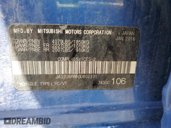 2016 Mitsubishi Lancer GT with VIN JA32U8FW6GU602331, listed as a Copart auction lot 62576735 with 128,454 mi miles and Salvage title. Bid and sale history available at DreamBid. Image 12.