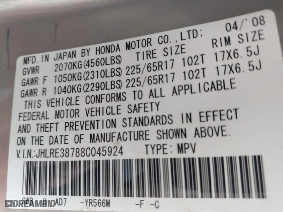 2008 Honda CR-V EX-L with VIN JHLRE38788C045924, listed as a IAAI auction lot 42049810 with 197,916 mi miles. Bid and sale history available at carsss.com. Image 9.