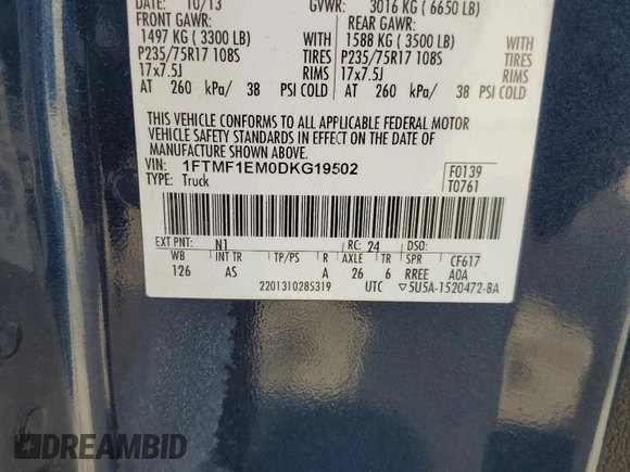 2013 Ford F-150 XL with VIN 1FTMF1EM0DKG19502, listed as a Copart auction lot 52917355 with 164,751 mi miles and Salvage Title. Bid and sale history available at carsss.com. Image 14.
