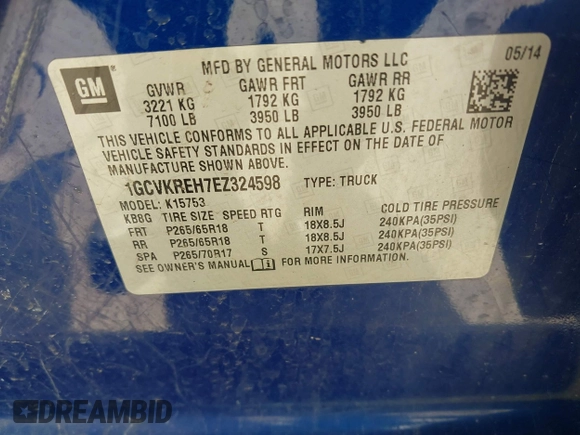 2014 Chevrolet Silverado 1500 LT with VIN 1GCVKREH7EZ324598, listed as a IAAI auction lot 41943170 with 127,204 mi miles and . Bid and sale history available at DreamBid. Image 9.
