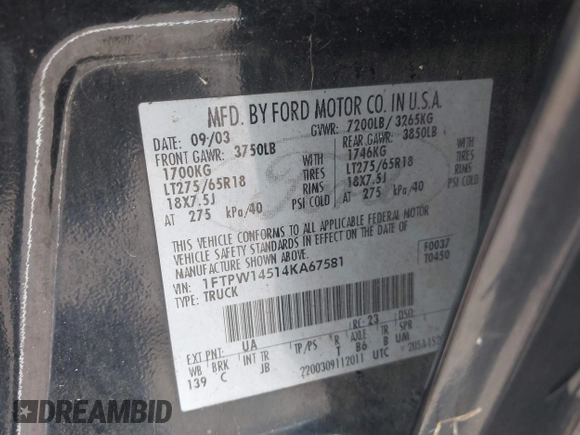 2004 Ford F-150 XLT z VIN 1FTPW14514KA67581, wystawiony jako IAAI lot #42634951 z przebiegiem 191 175 mil mil oraz . Historia ofert i sprzedaży dostępna na DreamBid. Obrazek 9.