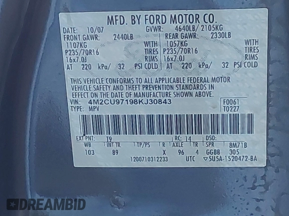 2008 Mercury Mariner Premier with VIN 4M2CU97198KJ30843, listed as a IAAI auction lot 42579794 with 109,983 mi miles and . Bid and sale history available at DreamBid. Image 9.