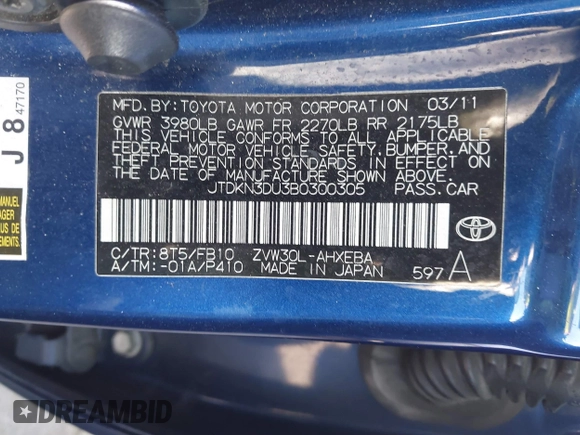 2011 Toyota Prius I with VIN JTDKN3DU3B0300305, listed as a IAAI auction lot 41830391 with 178,965 mi miles and . Bid and sale history available at DreamBid. Image 9.