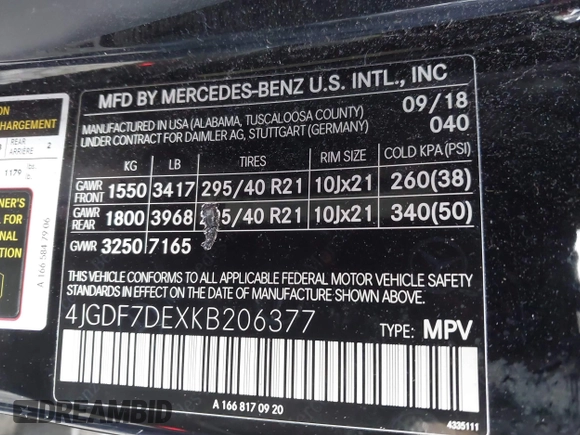2019 Mercedes-Benz GLS 550 with VIN 4JGDF7DEXKB206377, listed as a IAAI auction lot 41263503 with 83,842 mi miles and . Bid and sale history available at DreamBid. Image 9.