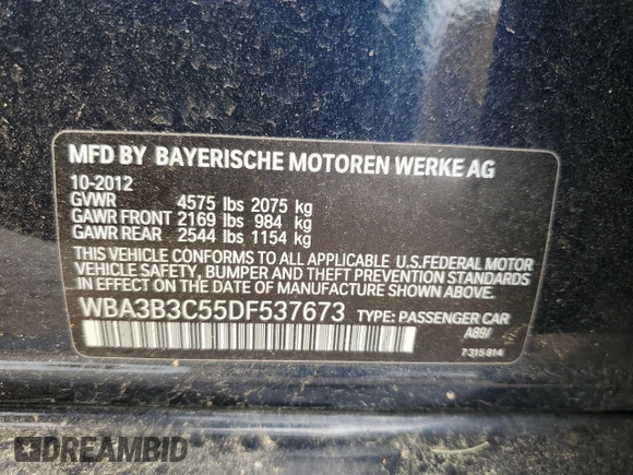 2013 BMW 3 Series 328i xDrive with VIN WBA3B3C55DF537673, listed as a Copart auction lot 56099075 with 127,679 mi miles and Clean Title. Bid and sale history available at DreamBid. Image 12.