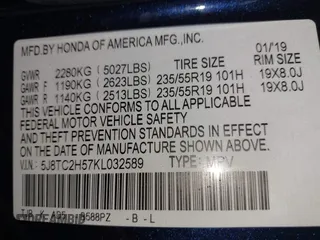 2019 Acura RDX Technology with VIN 5J8TC2H57KL032589, listed as a IAAI auction lot 42458684 with 53,372 mi miles and . Bid and sale history available at DreamBid. Image 7.