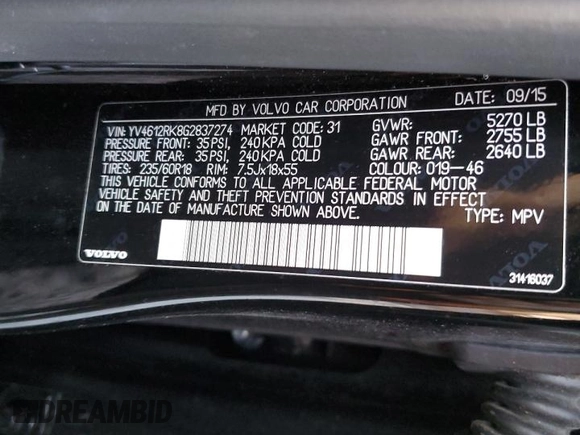 2016 Volvo XC60 T5 Premier with VIN YV4612RK8G2837274, listed as a Copart auction lot 43344145 with 96,780 mi miles and Salvage Title. Bid and sale history available at carsss.com. Image 13.