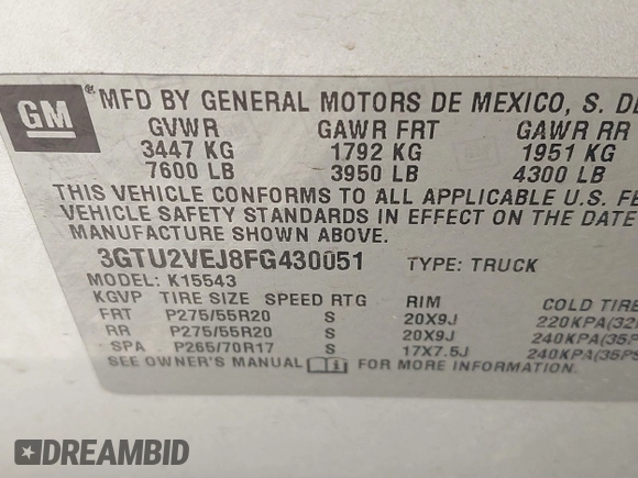 2015 GMC Sierra 1500 SLT with VIN 3GTU2VEJ8FG430051, listed as a IAAI auction lot 41208698 with 191,699 mi miles and . Bid and sale history available at DreamBid. Image 9.