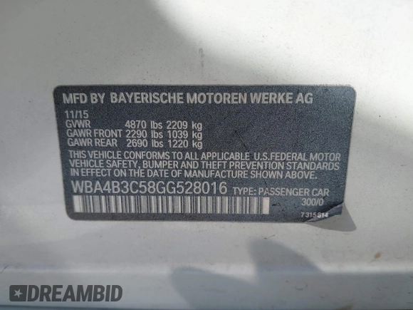 2016 BMW 4 Series 435i xDrive with VIN WBA4B3C58GG528016, listed as a IAAI auction lot 41506077 with 87,975 mi miles and . Bid and sale history available at DreamBid. Image 9.