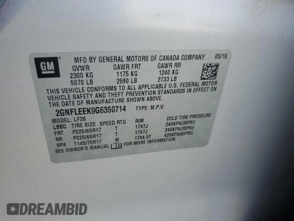 2016 Chevrolet Equinox LS with VIN 2GNFLEEK9G6350714, listed as a Copart auction lot 54274545 with 100,621 mi miles and Clean Title. Bid and sale history available at DreamBid. Image 13.