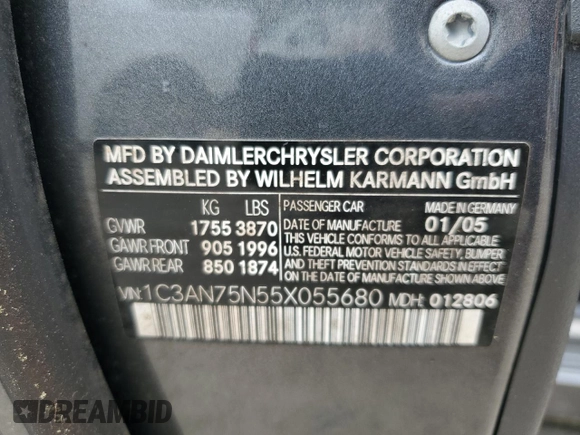 2005 Chrysler Crossfire с VIN 1C3AN75N55X055680, выставлен на аукционе Copart как лот 58017135 с пробегом 97 109 миль миль и Списание • Salvage title. История ставок и продаж доступна на DreamBid. Изображение 12.