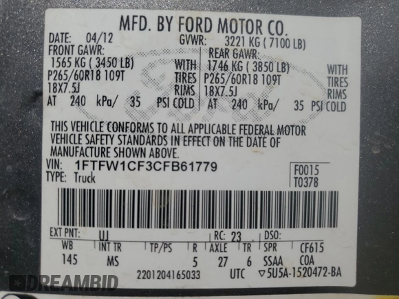 2012 Ford F-150 XL z VIN 1FTFW1CF3CFB61779, wystawiony jako Copart lot #53946815 z przebiegiem 238 046 mil mil oraz Szkoda całkowita • Salvage title. Historia ofert i sprzedaży dostępna na DreamBid. Obrazek 12.