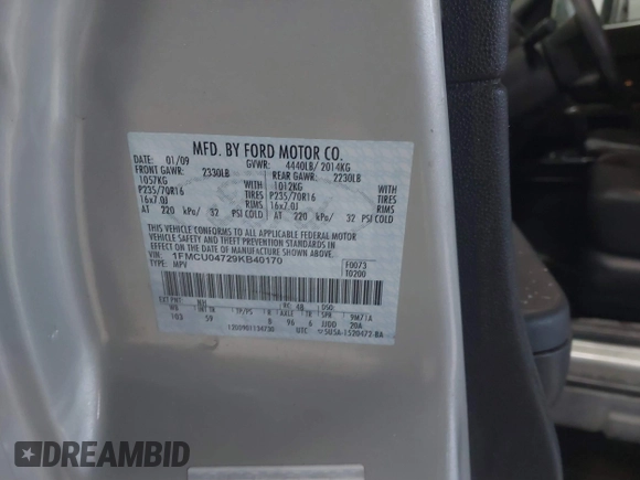 2009 Ford Escape Limited with VIN 1FMCU04729KB40170, listed as a IAAI auction lot 41609317 with 152,153 mi miles and . Bid and sale history available at DreamBid. Image 9.