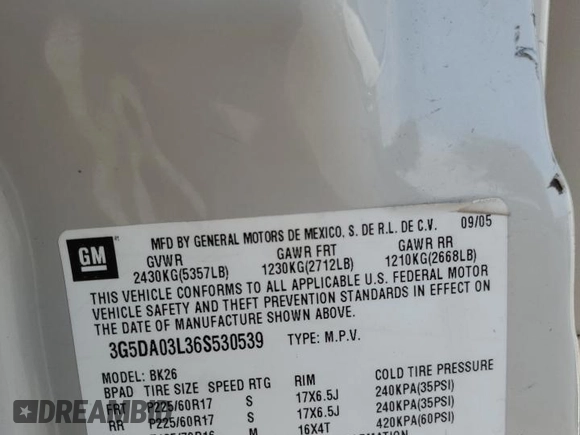 2006 Buick Rendezvous with VIN 3G5DA03L36S530539, listed as a Copart auction lot 53287375 with Not Provided miles and Salvage Title. Bid and sale history available at DreamBid. Image 14.