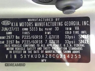 2012 Kia Sorento EX with VIN 5XYKUDA28CG214253, listed as a IAAI auction lot 41902079 with 160,943 mi miles. Bid and sale history available at carsss.com. Image 9.