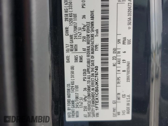 2018 Ford F-150 XL с VIN 1FTEX1CB0JKC76740, выставлен на аукционе Copart как лот 57258325 с пробегом 100 032 миль миль и Списание • Salvage title. История ставок и продаж доступна на DreamBid. Изображение 12.