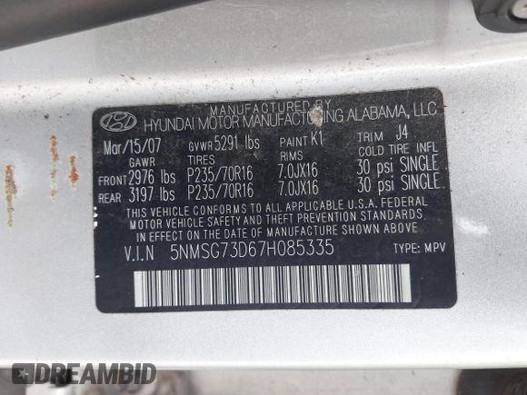 2007 Hyundai Santa Fe GLS с VIN 5NMSG73D67H085335, выставлен на аукционе IAAI как лот 42283118 с пробегом 200 133 миль миль и . История ставок и продаж доступна на DreamBid. Изображение 9.