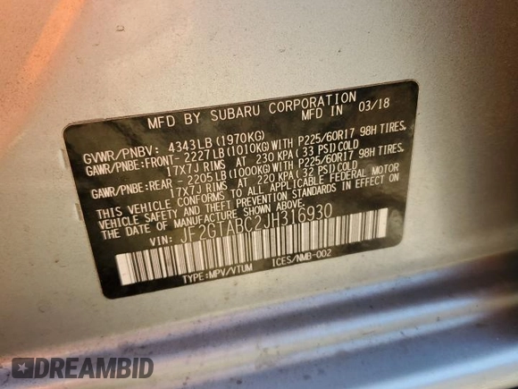 2018 Subaru Crosstrek Premium с VIN JF2GTABC2JH316930, выставлен на аукционе Copart как лот 70955854 с пробегом 105 481 миль миль и Списание • Salvage title. История ставок и продаж доступна на DreamBid. Изображение 16.