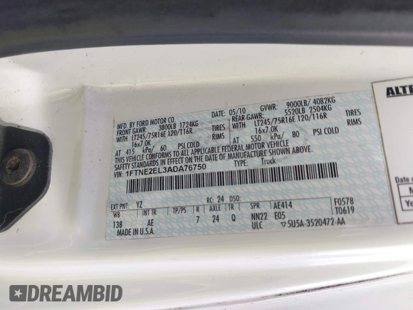 2010 Ford Econoline Cargo Commercial with VIN 1FTNE2EL3ADA76750, listed as a IAAI auction lot 41383269 with 178,457 mi miles and . Bid and sale history available at DreamBid. Image 9.