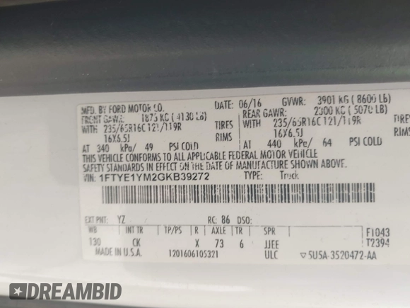 2016 Ford Transit Cargo с VIN 1FTYE1YM2GKB39272, выставлен на аукционе IAAI как лот 42427544 с пробегом 161 406 миль миль и . История ставок и продаж доступна на DreamBid. Изображение 9.