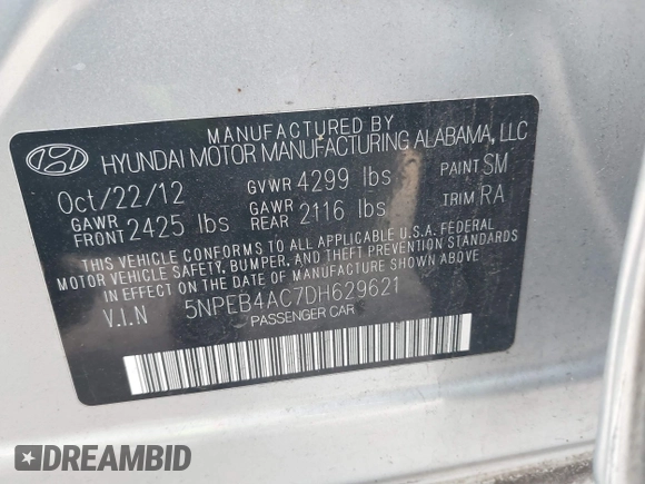 2013 Hyundai Sonata GLS with VIN 5NPEB4AC7DH629621, listed as a IAAI auction lot 41754217 with 87,862 mi miles and . Bid and sale history available at DreamBid. Image 9.