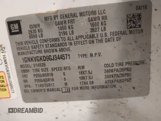 2016 Chevrolet Traverse LT with VIN 1GNKVGKD9GJ344571, listed as a IAAI auction lot 41415862 with 256,590 mi miles and . Bid and sale history available at DreamBid. Image 9.