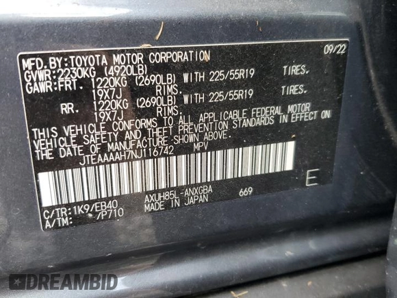 2022 Toyota Venza LE with VIN JTEAAAAH7NJ116742, listed as a Copart auction lot 74049284 with 0 mi miles and Non Repairable. Bid and sale history available at carsss.com. Image 14.