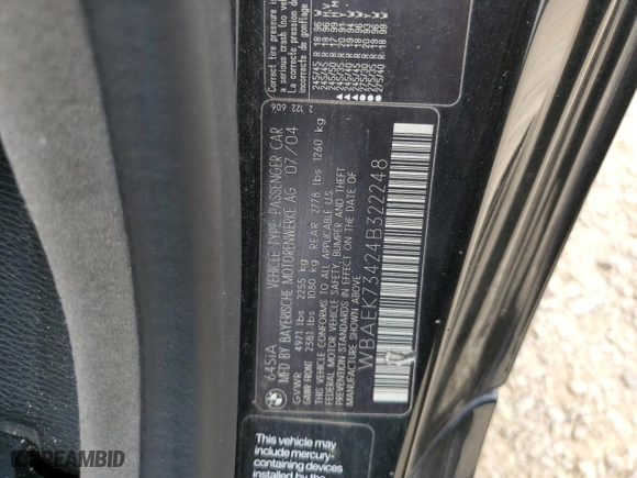 2004 BMW 6 Series 645Ci with VIN WBAEK73424B322248, listed as a Copart auction lot 53040994 with 134,604 mi miles and Salvage Title. Bid and sale history available at carsss.com. Image 12.