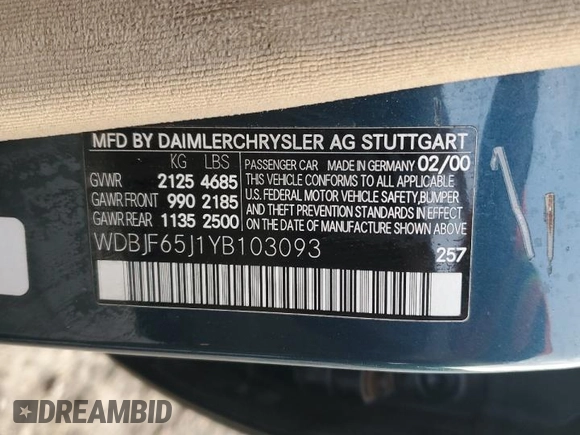 2000 Mercedes-Benz E-Class with VIN WDBJF65J1YB103093, listed as a Copart auction lot 51587325 with 208,350 mi miles and Salvage Title. Bid and sale history available at carsss.com. Image 14.