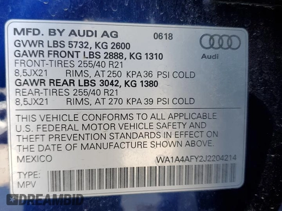 2018 Audi SQ5 Premium Plus with VIN WA1A4AFY2J2204214, listed as a Copart auction lot 62979353 with 0 mi miles. Bid and sale history available at carsss.com. Image 13.