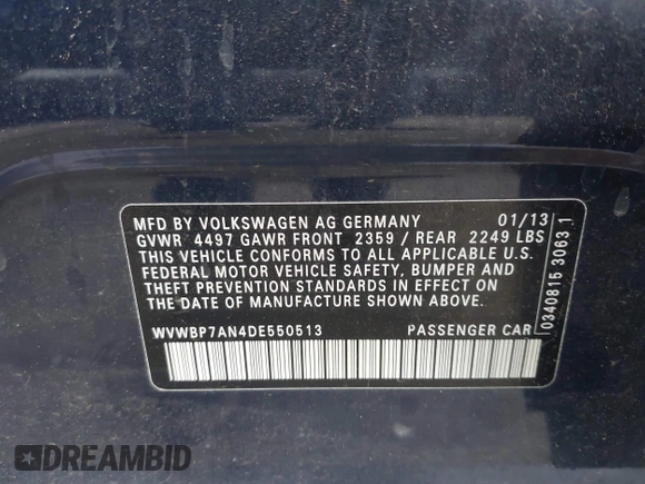 2013 Volkswagen CC Sport Plus z VIN WVWBP7AN4DE550513, wystawiony jako IAAI lot #42417922 z przebiegiem Nie podano mil oraz . Historia ofert i sprzedaży dostępna na DreamBid. Obrazek 9.