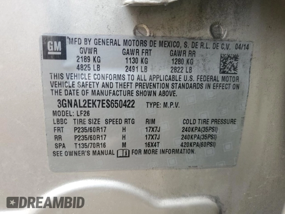 2014 Chevrolet Captiva Sport LS with VIN 3GNAL2EK7ES650422, listed as a Copart auction lot 72903474 with 102,543 mi miles and Salvage Title. Bid and sale history available at DreamBid. Image 13.