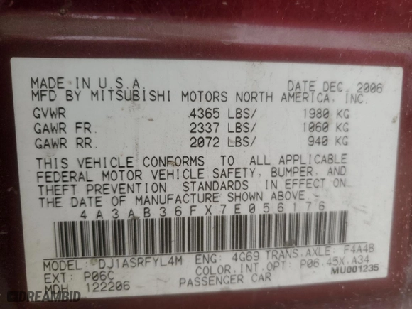 2007 Mitsubishi Galant ES with VIN 4A3AB36FX7E056176, listed as a Copart auction lot 82547574 with 0 mi miles and Salvage Title. Bid and sale history available at carsss.com. Image 12.