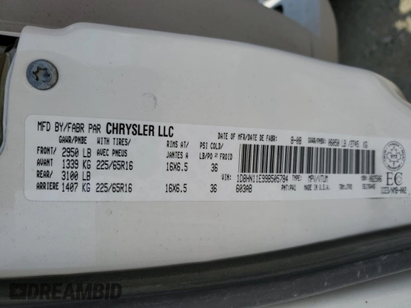 2009 Dodge Grand Caravan with VIN 1D8HN11E99B505784, listed as a Copart auction lot 60590065 with 195,488 mi miles and Salvage title. Bid and sale history available at DreamBid. Image 13.