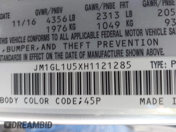 2017 Mazda Mazda6 Sport with VIN JM1GL1U5XH1121285, listed as a IAAI auction lot 41868295 with 87,045 mi miles. Bid and sale history available at carsss.com. Image 9.
