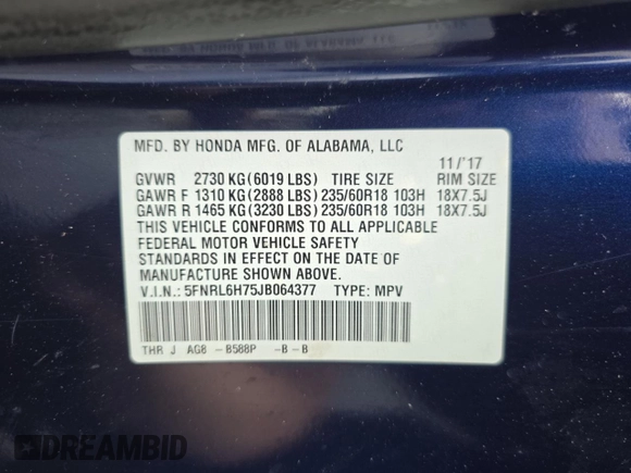 2018 Honda Odyssey EX-L with VIN 5FNRL6H75JB064377, listed as a Copart auction lot 56241905 with 103,651 mi miles and Clean Title. Bid and sale history available at DreamBid. Image 10.