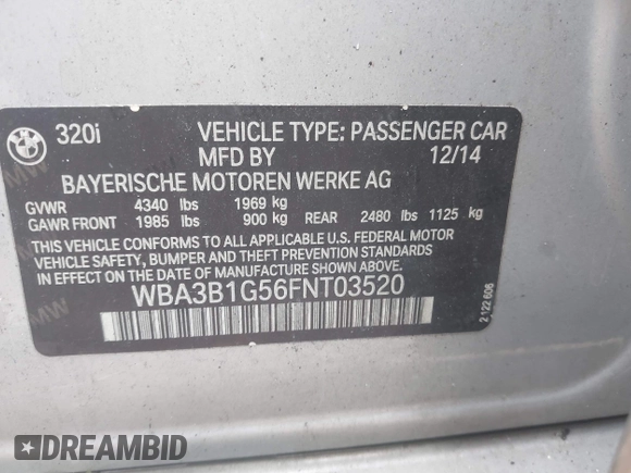 2015 BMW 3 Series 320i with VIN WBA3B1G56FNT03520, listed as a IAAI auction lot 40813367 with Not provided miles and . Bid and sale history available at DreamBid. Image 9.