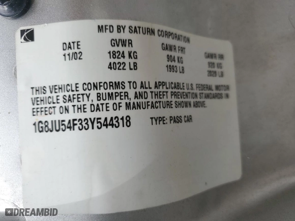 2003 Saturn LS with VIN 1G8JU54F33Y544318, listed as a Copart auction lot 87835145 with 11,407 mi miles and Salvage Title. Bid and sale history available at carsss.com. Image 13.