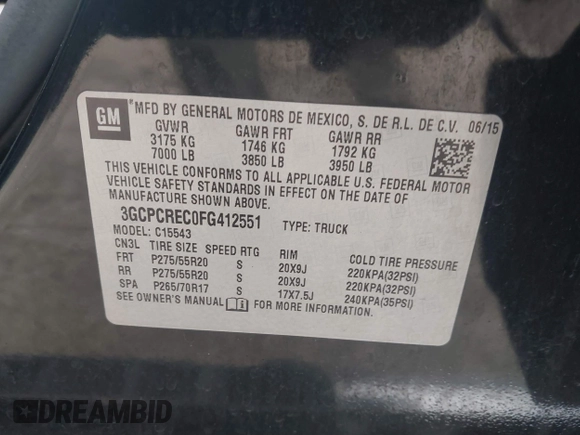 2015 Chevrolet Silverado 1500 LT with VIN 3GCPCREC0FG412551, listed as a IAAI auction lot 41577706 with 156,318 mi miles and . Bid and sale history available at DreamBid. Image 9.