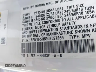 2020 Honda Pilot EX-L with VIN 5FNYF5H59LB027265, listed as a IAAI auction lot 41826300 with 57,201 mi miles. Bid and sale history available at carsss.com. Image 9.