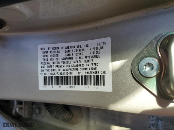 2016 Honda Accord Sedan LX with VIN 1HGCR2F34GA130448, listed as a Copart auction lot 47129635 with 108,386 mi miles and Salvage Title. Bid and sale history available at carsss.com. Image 12.