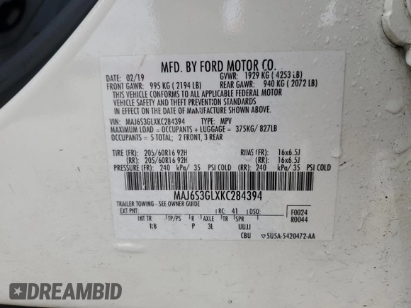 2019 Ford EcoSport SE z VIN MAJ6S3GLXKC284394, wystawiony jako Copart lot #74389563 z przebiegiem 58 055 mil mil oraz Szkoda całkowita • Salvage title. Historia ofert i sprzedaży dostępna na DreamBid. Obrazek 13.