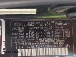 2007 Hyundai Veracruz GLS with VIN KM8NU73CX7U006718, listed as a IAAI auction lot 41407609 with Not Provided miles and . Bid and sale history available at DreamBid. Image 9.
