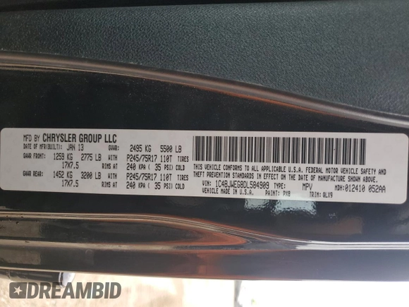 2013 Jeep Wrangler Unlimited Sahara with VIN 1C4BJWEG8DL584909, listed as a Copart auction lot 58520555 with 91,633 mi miles and Salvage title. Bid and sale history available at DreamBid. Image 12.