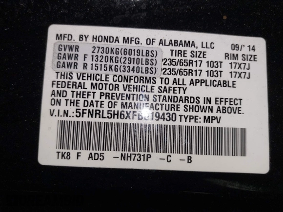 2015 Honda Odyssey EX-L with VIN 5FNRL5H6XFB019430, listed as a IAAI auction lot 41954209 with 161,389 mi miles and . Bid and sale history available at DreamBid. Image 9.