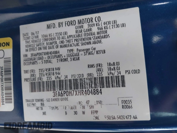 2017 Ford Fusion SE with VIN 3FA6P0H7XHR404884, listed as a IAAI auction lot 40778781 with 95,260 mi miles. Bid and sale history available at carsss.com. Image 9.